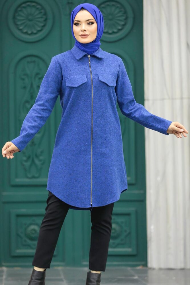 Neva Style - Fermuarlı İndigo Mavisi Tesettür Kaşe Tunik 5944IM - 2
