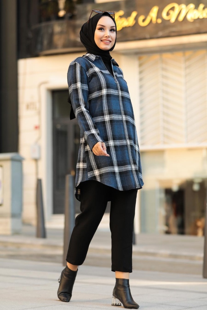 Neva Style - Fermuarlı İndigo Mavisi Tesettür Tunik 20031IM - 2