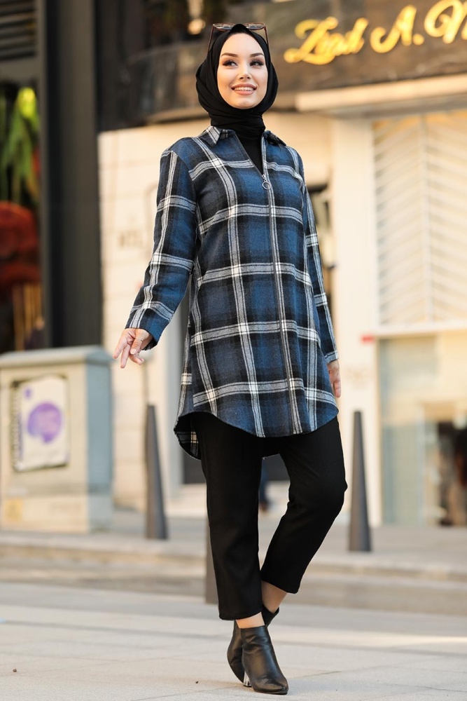 Neva Style - Fermuarlı İndigo Mavisi Tesettür Tunik 20031IM - NEVA STYLE