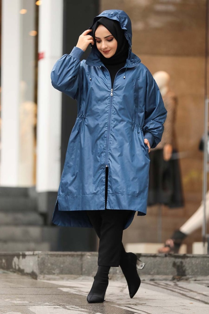 Neva Style - Fermuarlı İndigo Mavisi Tesettür Yağmurluk Kap 12840IM - 2