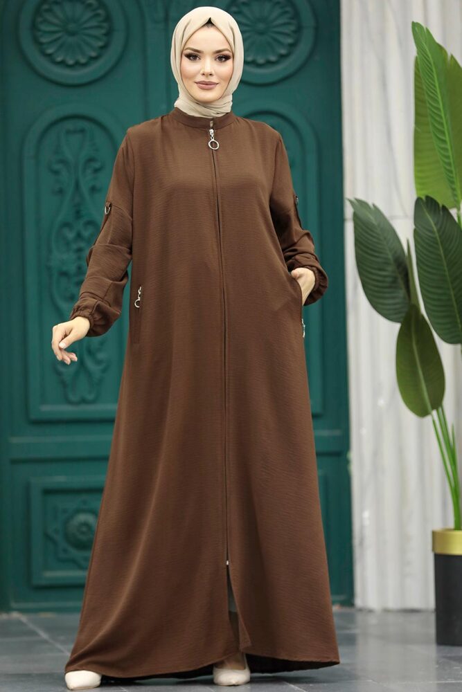Neva Style - Fermuarlı Kahverengi Tesettür Ferace 11070KH - 2
