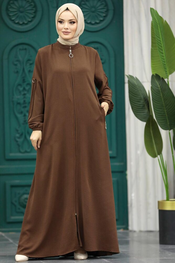 Neva Style - Fermuarlı Kahverengi Tesettür Ferace 11070KH - 3
