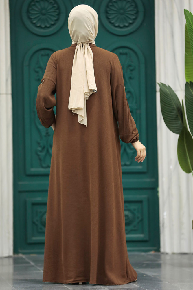 Neva Style - Fermuarlı Kahverengi Tesettür Ferace 11070KH - 4