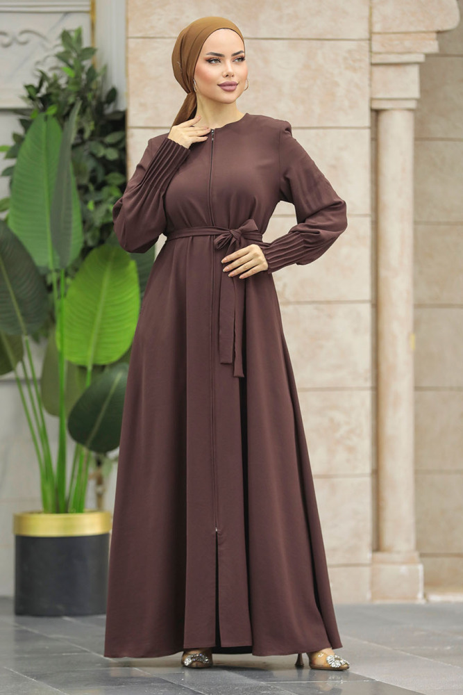 Neva Style - Fermuarlı Kahverengi Tesettür Ferace 20146KH - 1