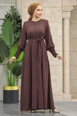 Neva Style - Fermuarlı Kahverengi Tesettür Ferace 20146KH - 2