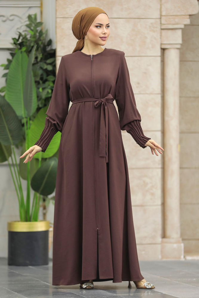 Neva Style - Fermuarlı Kahverengi Tesettür Ferace 20146KH - 2