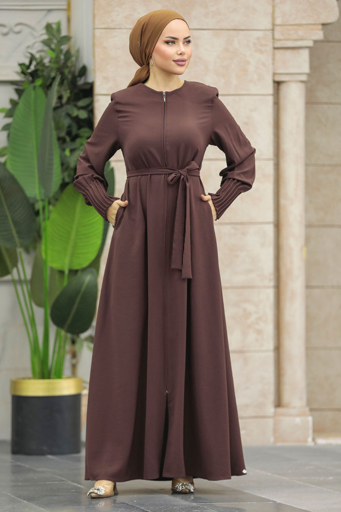 Neva Style - Fermuarlı Kahverengi Tesettür Ferace 20146KH - 3