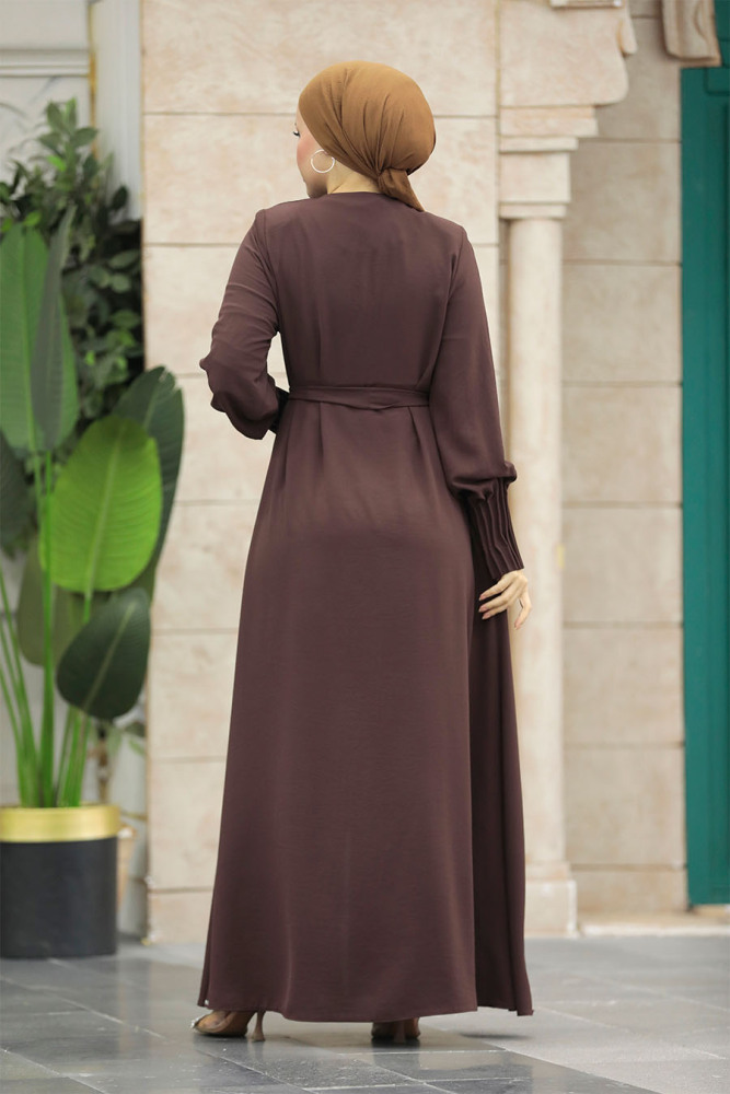 Neva Style - Fermuarlı Kahverengi Tesettür Ferace 20146KH - 4