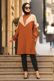 Neva Style - Fermuarlı Kahverengi Tesettür Tunik 2368KH - Thumbnail