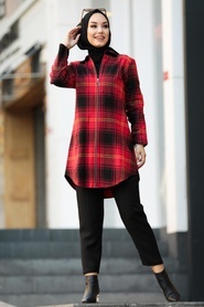 Neva Style - Fermuarlı Kırmızı Tesettür Tunik 20030K - Thumbnail
