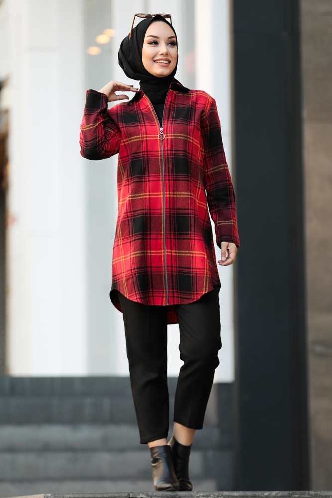 Neva Style - Fermuarlı Kırmızı Tesettür Tunik 20030K - NEVA STYLE