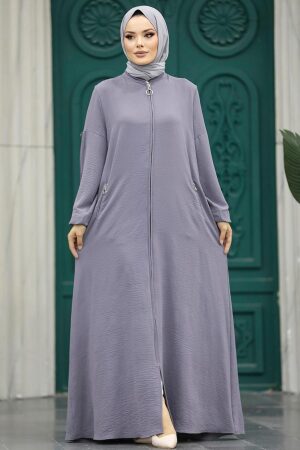 Neva Style - Fermuarlı Koyu Gri Tesettür Ferace 11070KGR - 2