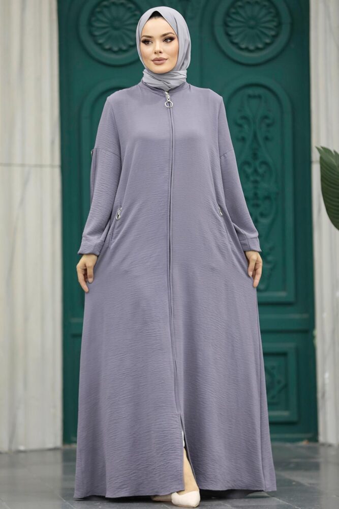 Neva Style - Fermuarlı Koyu Gri Tesettür Ferace 11070KGR - 2