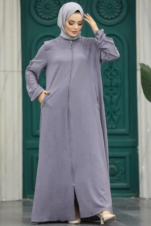 Neva Style - Fermuarlı Koyu Gri Tesettür Ferace 11070KGR - 3