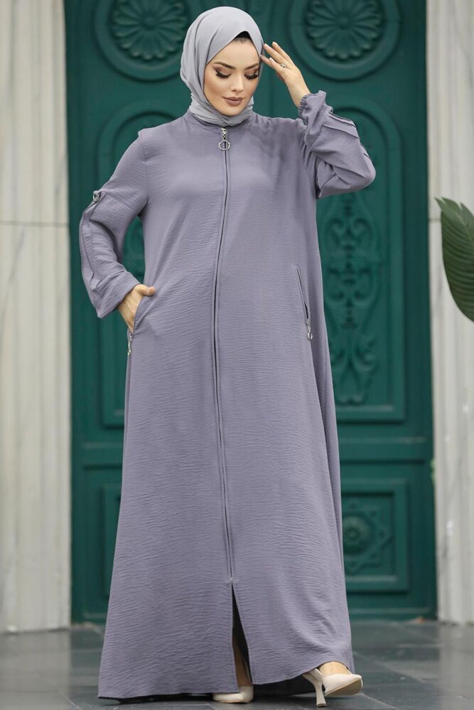 Neva Style - Fermuarlı Koyu Gri Tesettür Ferace 11070KGR - 3