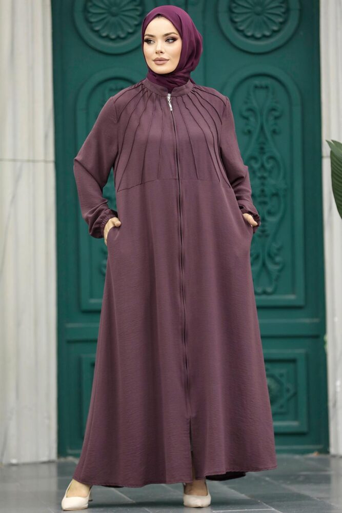 Neva Style - Fermuarlı Koyu Gül Kurusu Tesettür Ferace 11065KGK - 2