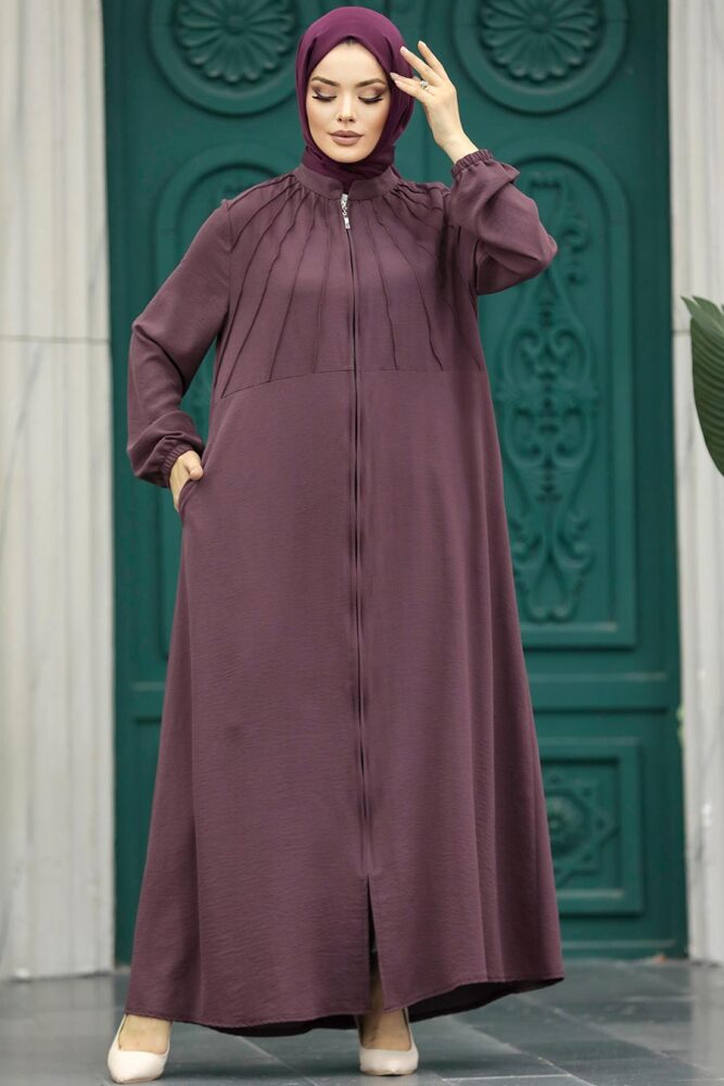 Neva Style - Fermuarlı Koyu Gül Kurusu Tesettür Ferace 11065KGK - 1