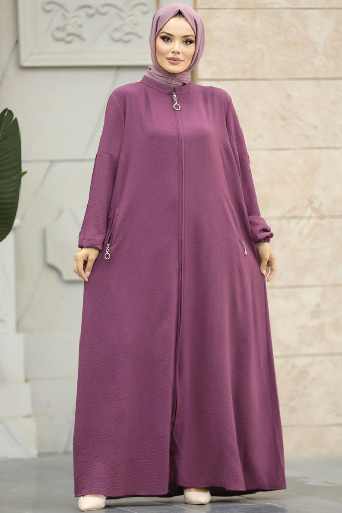 Neva Style - Fermuarlı Koyu Gül Kurusu Tesettür Ferace 11070KGK - 1