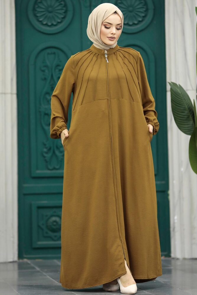 Neva Style - Fermuarlı Koyu Hardal Tesettür Ferace 11065KHR - 1