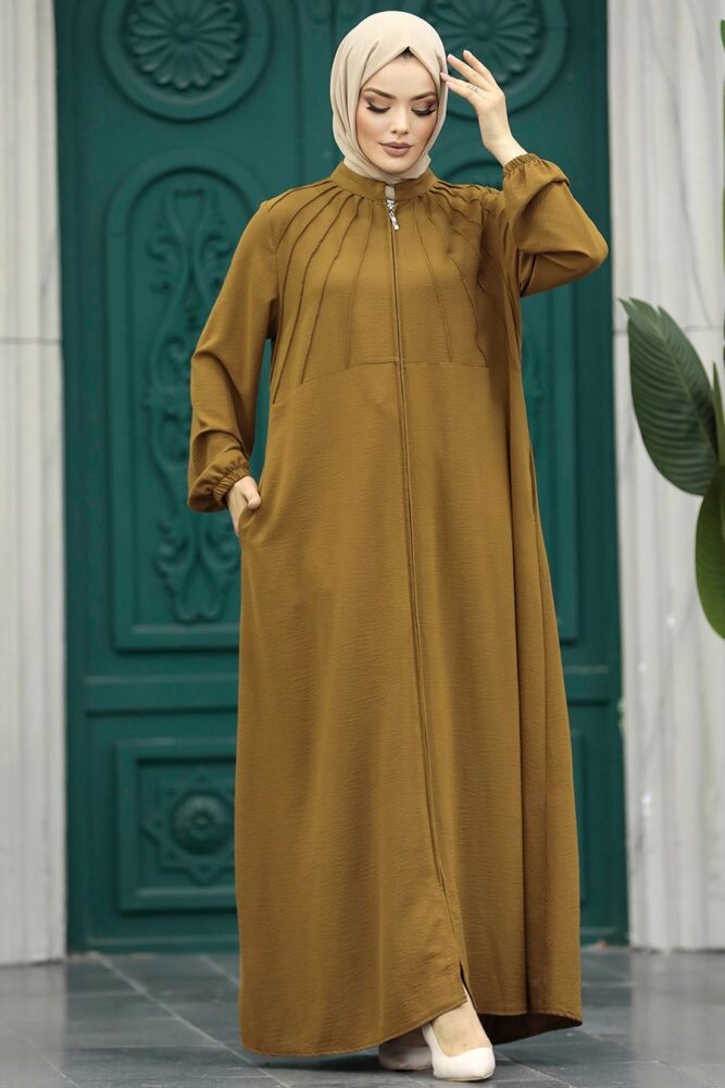 Neva Style - Fermuarlı Koyu Hardal Tesettür Ferace 11065KHR - 2