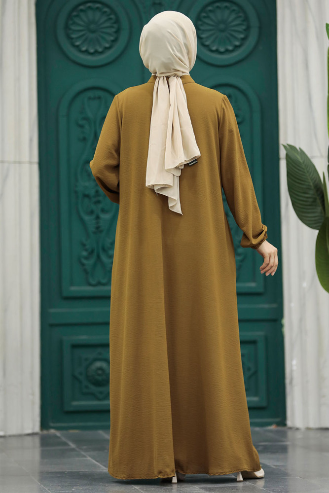Neva Style - Fermuarlı Koyu Hardal Tesettür Ferace 11065KHR - 3