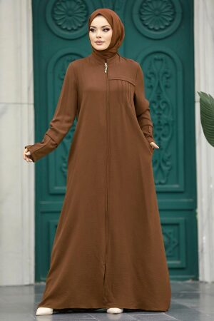 Neva Style - Fermuarlı Koyu Taba Tesettür Ferace 1098KTB - 1