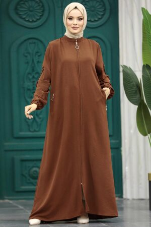 Neva Style - Fermuarlı Koyu Taba Tesettür Ferace 11070KTB - 1