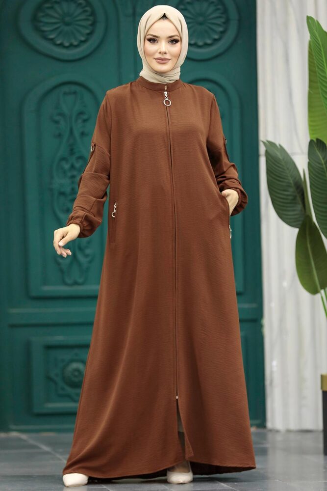 Neva Style - Fermuarlı Koyu Taba Tesettür Ferace 11070KTB - 1