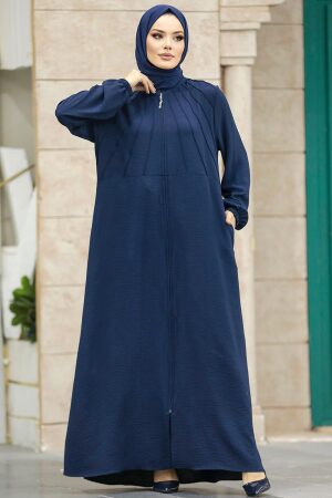 Neva Style - Fermuarlı Lacivert Tesettür Ferace 11065L - 1