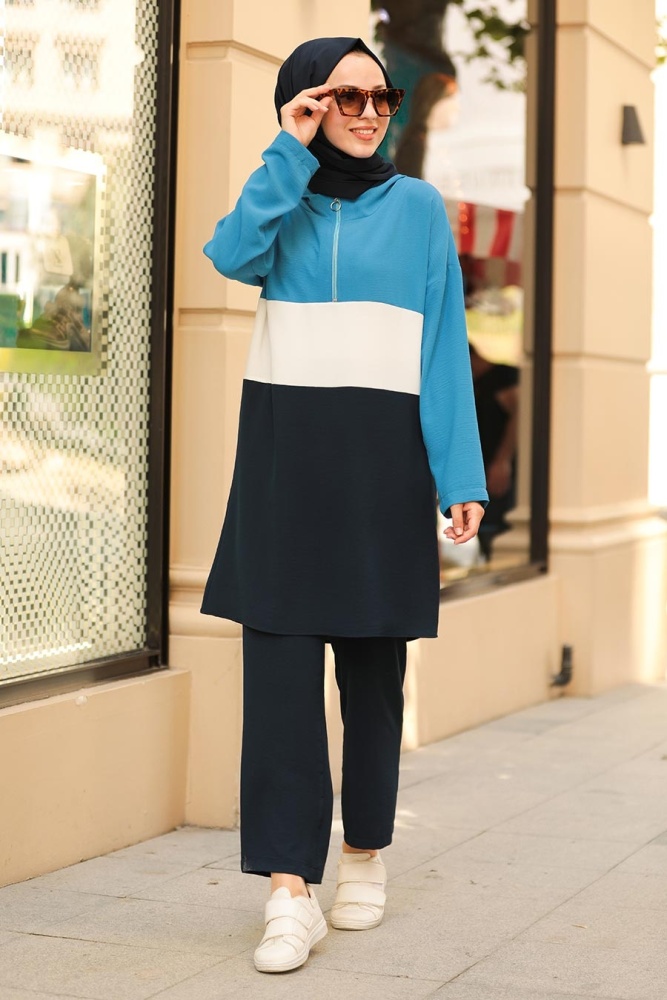 Neva Style - Fermuarlı Lacivert Tesettür İkili Takım 5552L - 1