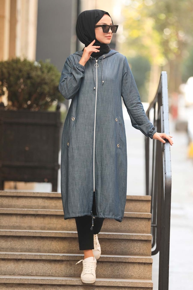 Neva Style - Fermuarlı Lacivert Tesettür Kot Kap 20045L - 1