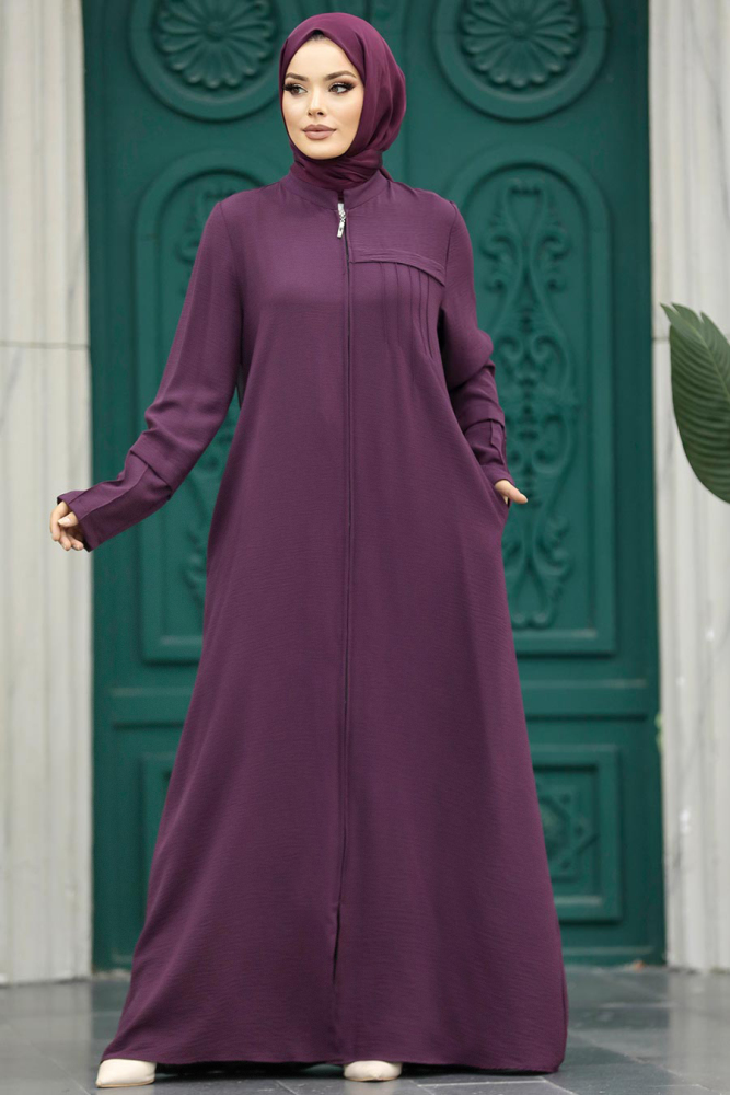 Neva Style - Fermuarlı Mürdüm Tesettür Ferace 1098MU - 2