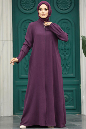 Neva Style - Fermuarlı Mürdüm Tesettür Ferace 1098MU - 1