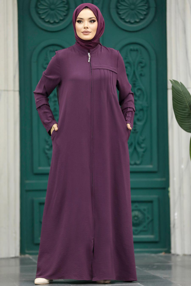 Neva Style - Fermuarlı Mürdüm Tesettür Ferace 1098MU - 3