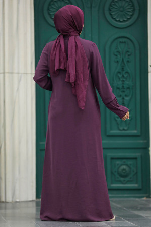 Neva Style - Fermuarlı Mürdüm Tesettür Ferace 1098MU - 4