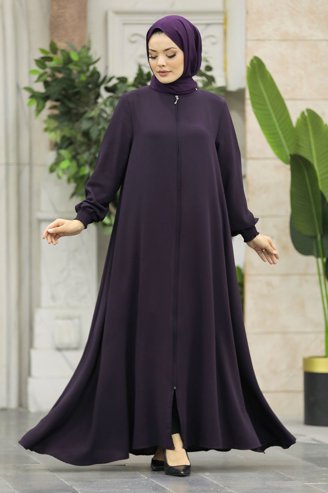 Neva Style - Fermuarlı Mürdüm Tesettür Ferace 62536MU - 1