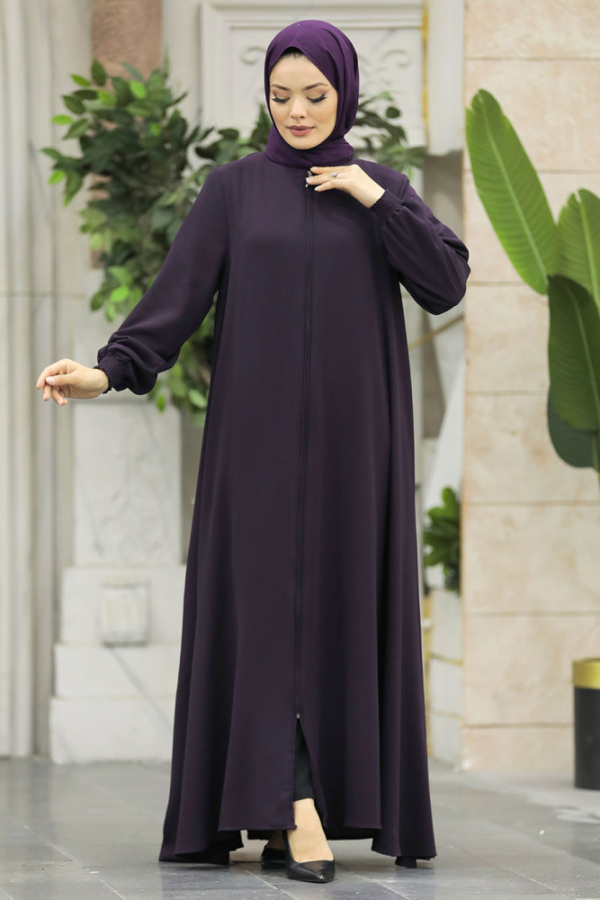 Neva Style - Fermuarlı Mürdüm Tesettür Ferace 62536MU - 2