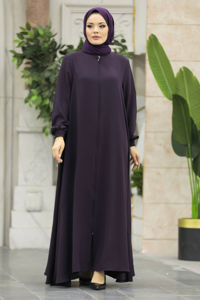 Neva Style - Fermuarlı Mürdüm Tesettür Ferace 62536MU - 3