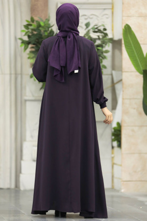Neva Style - Fermuarlı Mürdüm Tesettür Ferace 62536MU - 4