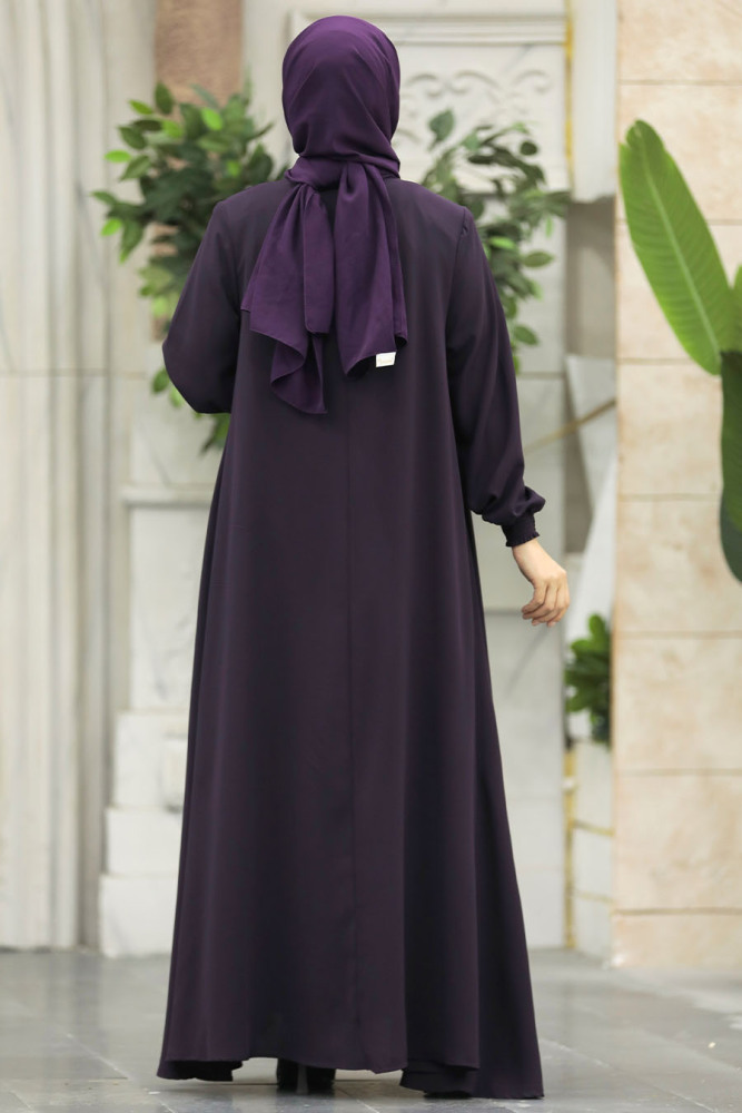 Neva Style - Fermuarlı Mürdüm Tesettür Ferace 62536MU - 4