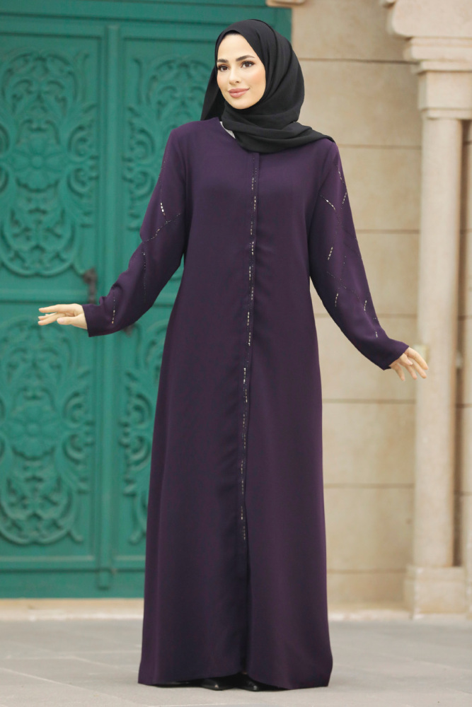 Neva Style - Fermuarlı Mürdüm Tesettür Ferace 625MU - 1