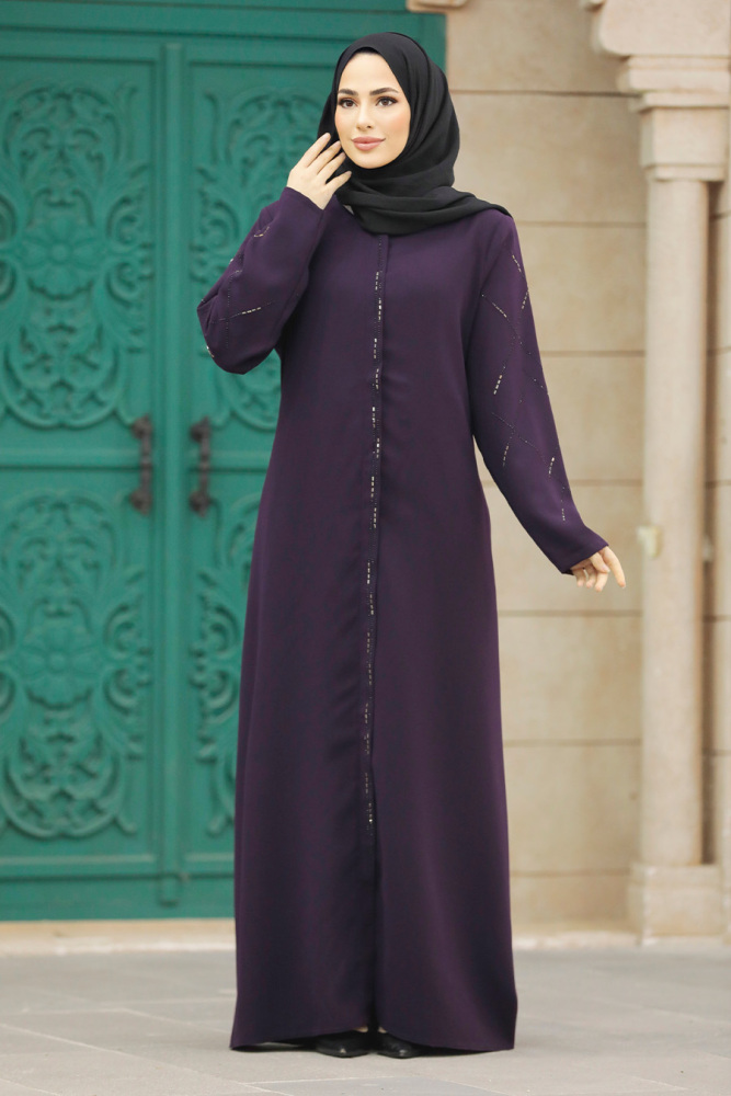 Neva Style - Fermuarlı Mürdüm Tesettür Ferace 625MU - 3