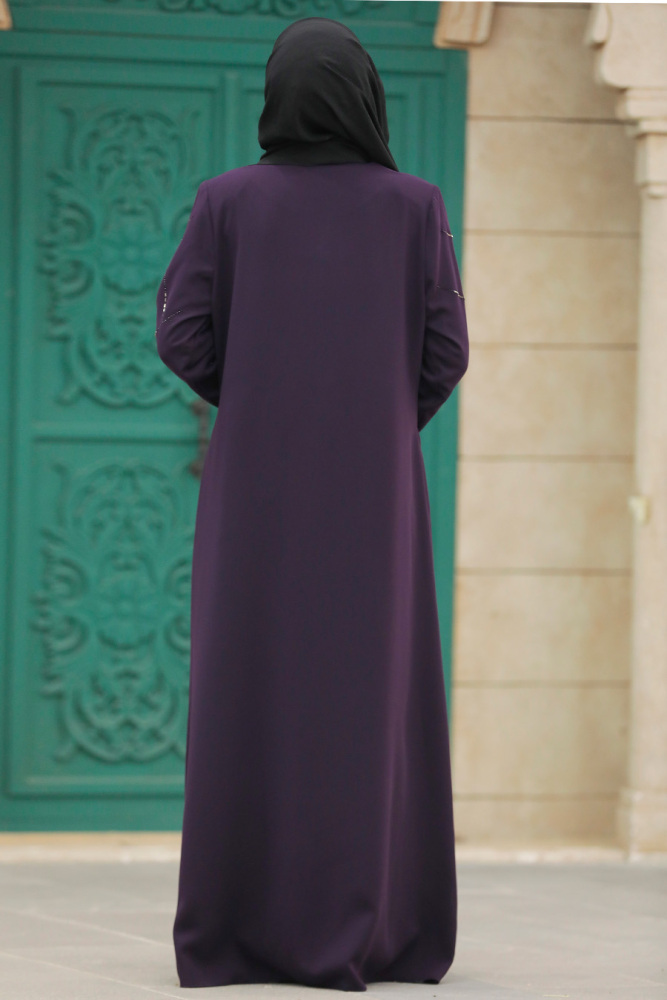 Neva Style - Fermuarlı Mürdüm Tesettür Ferace 625MU - 4