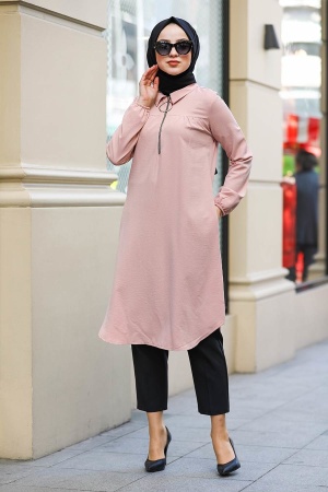 Neva Style - Fermuarlı Pudra Tesettür Tunik 467PD - 1