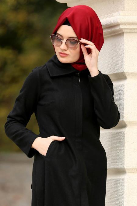Neva Style - Fermuarlı Siyah Kaşe Tesettür Kap 2163S - 2