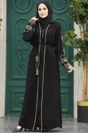 Fermuarlı Siyah Tesettür Abaya 23151S - 1