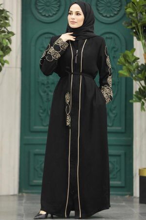  Fermuarlı Siyah Tesettür Abaya 23151S - 3