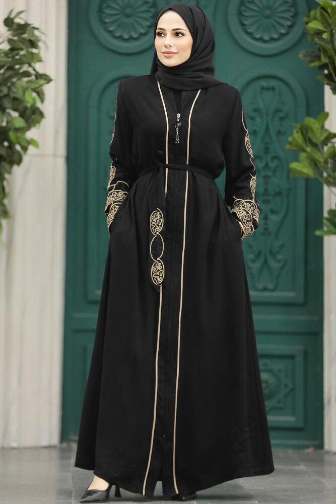  Fermuarlı Siyah Tesettür Abaya 23151S - 5
