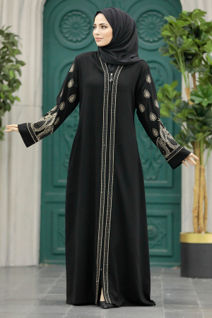  Fermuarlı Siyah Tesettür Abaya 90201S - 2