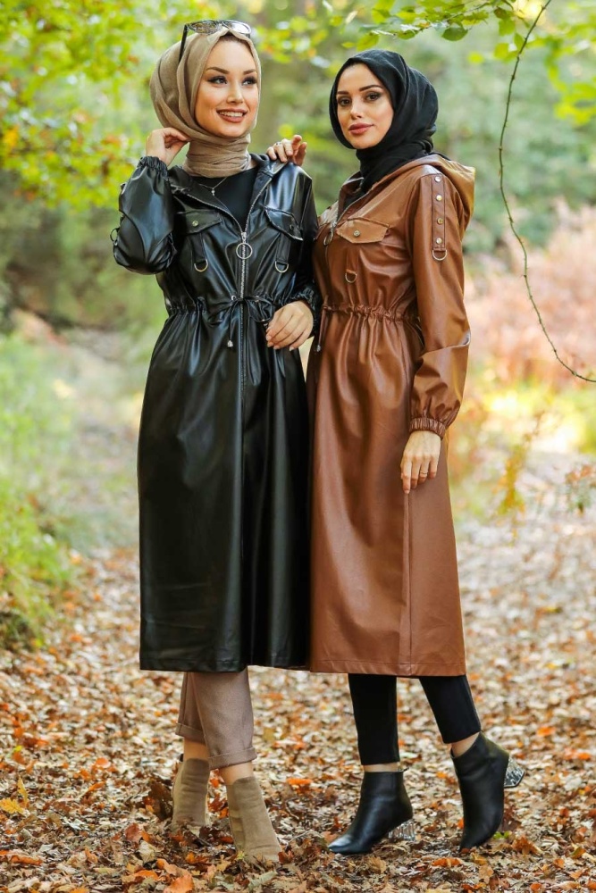 Neva Style - Fermuarlı Siyah Tesettür Deri Kap 6775S - 4